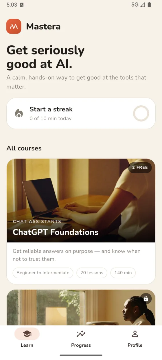 Mastera home screen showing course library